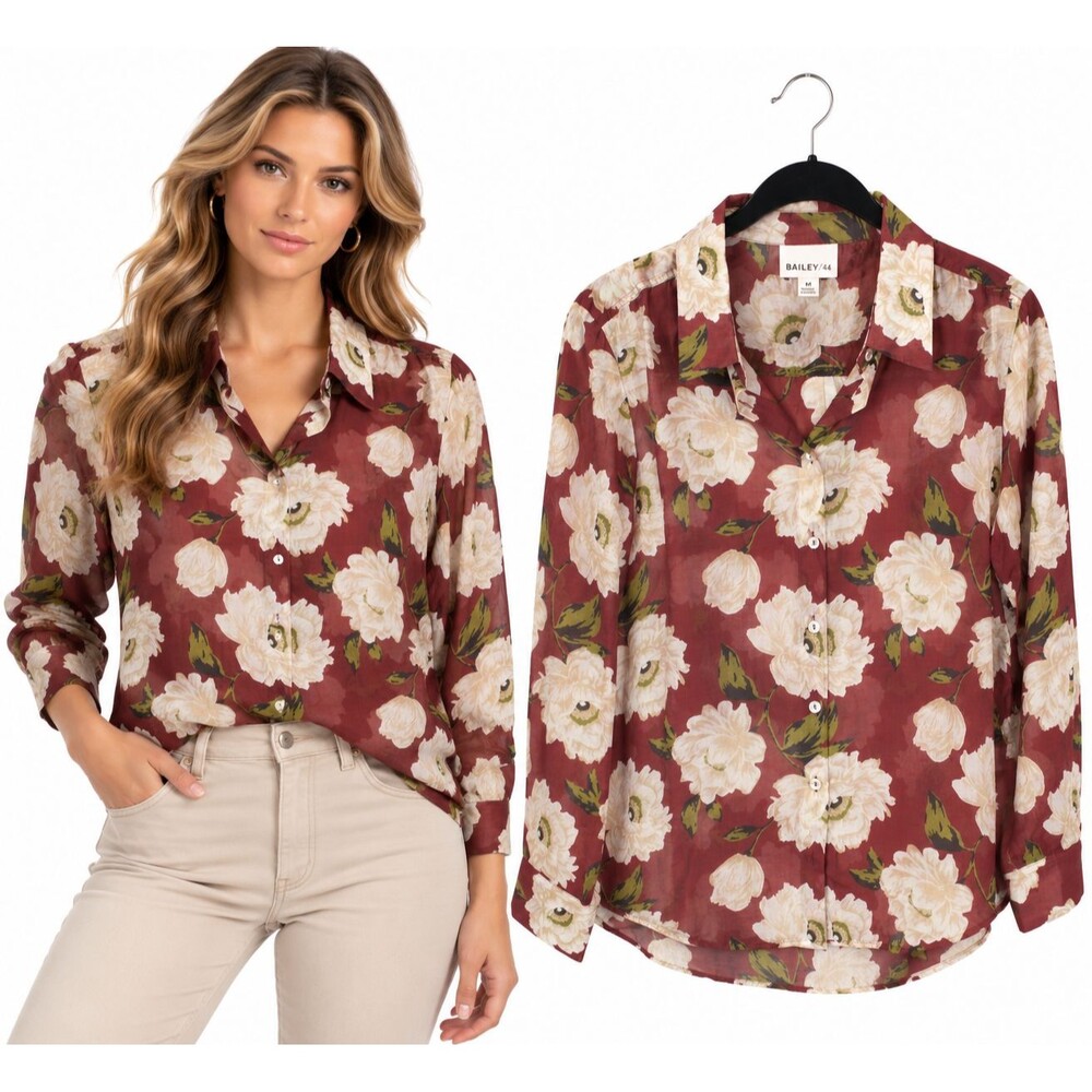 Bailey 44 Button Front Shirt Blouse Size Medium Burgundy Cream Floral